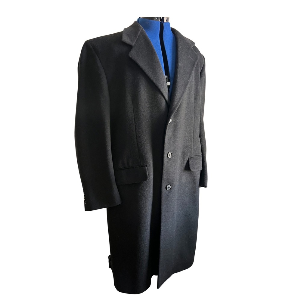 Jos A Bank Mens Black Wool Overcoat Long‎ Trench Coat Jacket Size 42R R42